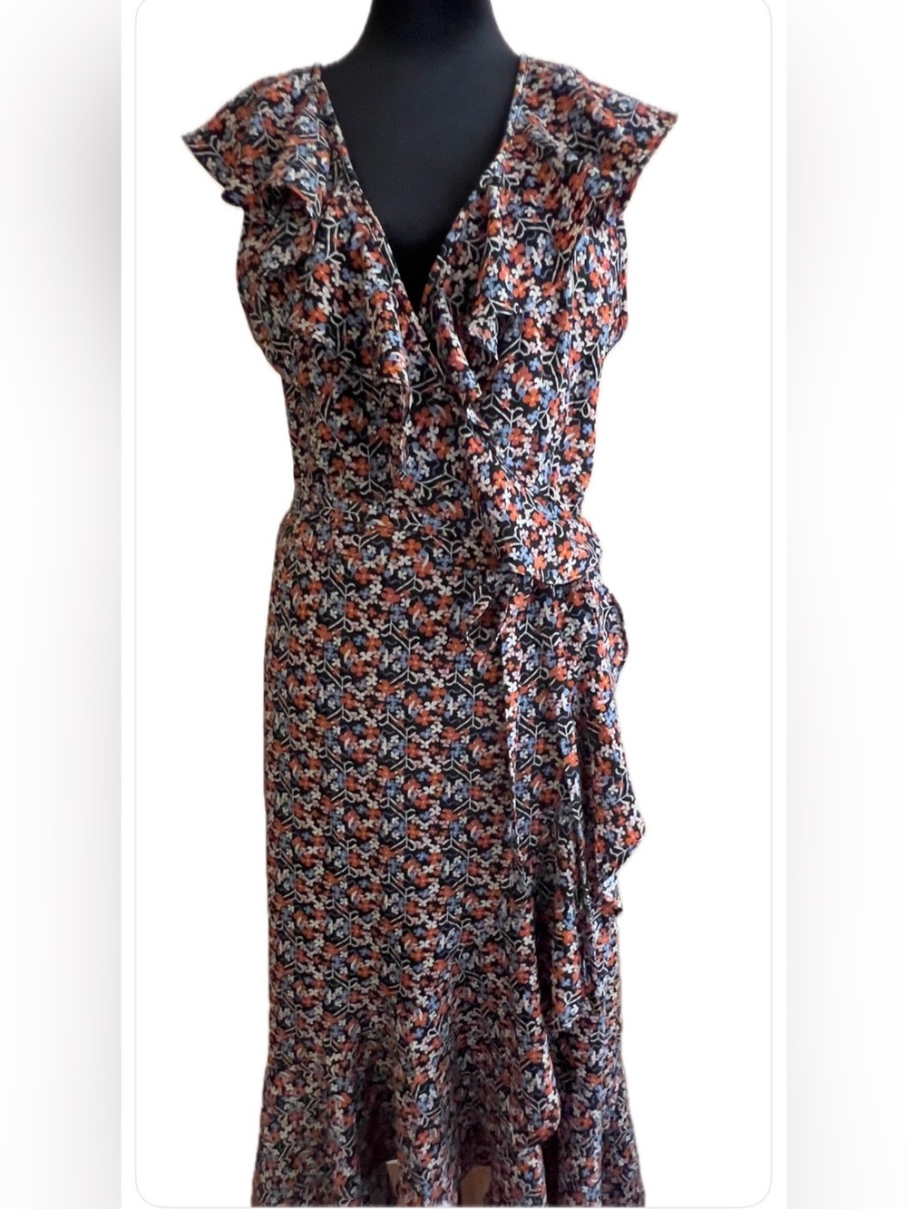 Max Studio Floral Ruffle Wrap Dress High Low Hem Tie Waist Size Medium